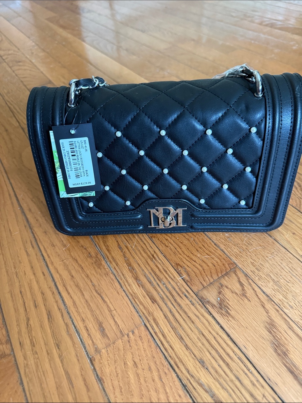 Badgley Mischka Black Quilted Crossbody with Pearl Studs and Chain